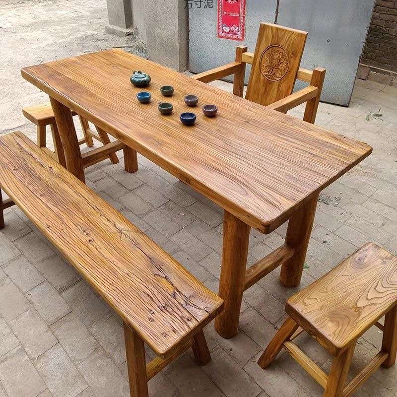 老榆木桌子实木板复古茶桌茶台长条餐桌家用原木桌面吧台长桌书桌