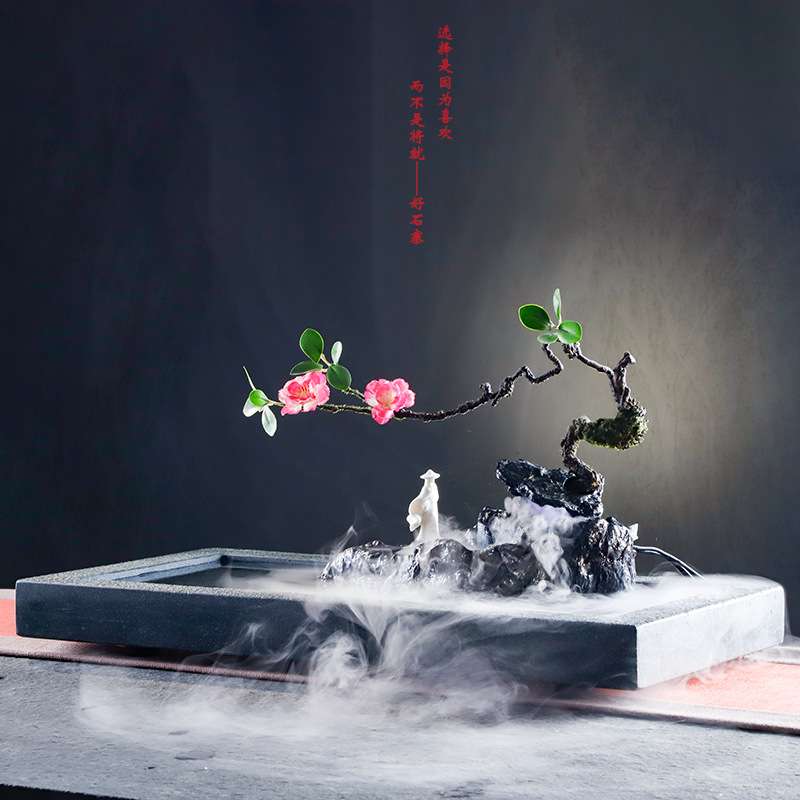 好石寨流水加湿器 玄关家用禅意摆件 办公桌面流水招财石头流水盆