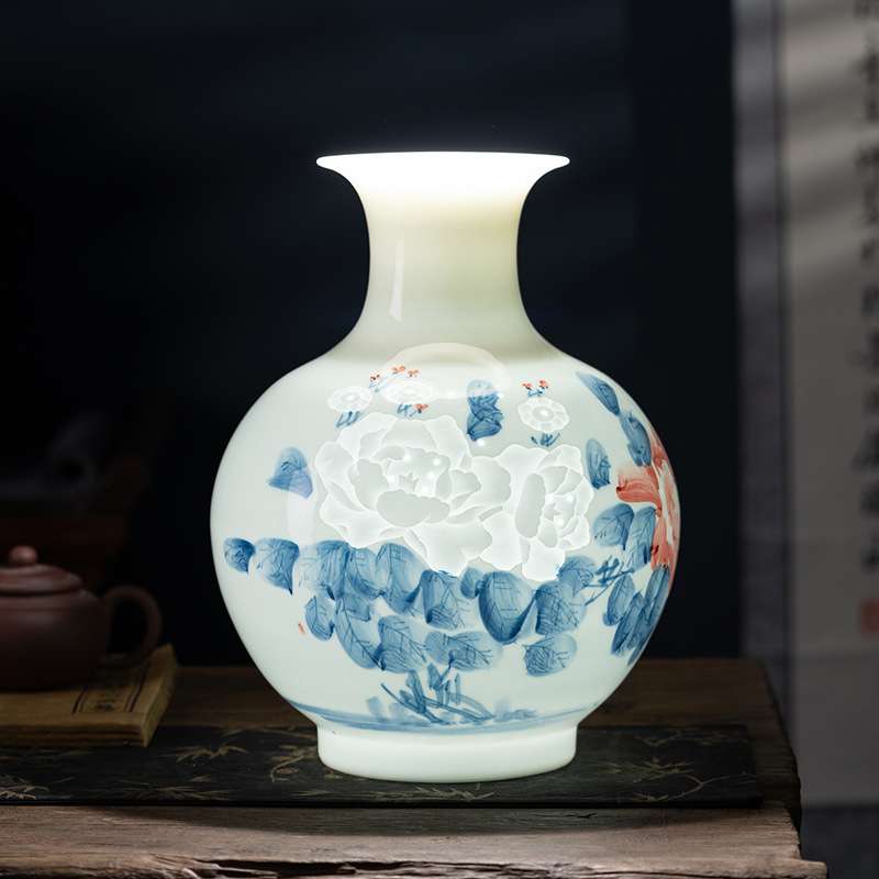 景德镇高档手绘国色天香薄胎花瓶创意玲珑陶瓷瓶子透光插花瓶送礼
