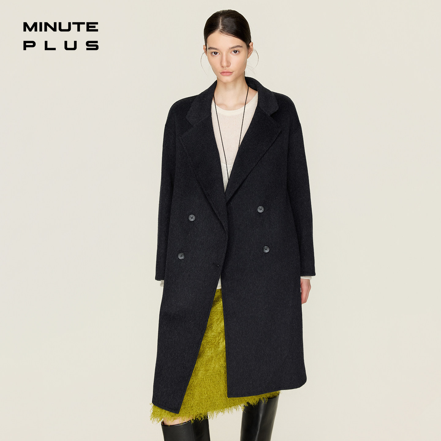 MinutePlus 双排扣中长款显腿长气质大衣/双排扣长款保暖呢大衣