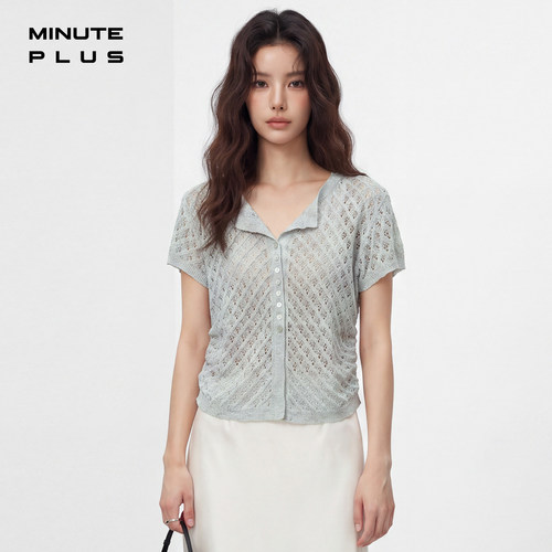 MinutePlus菱格珠片纱翻领小开衫