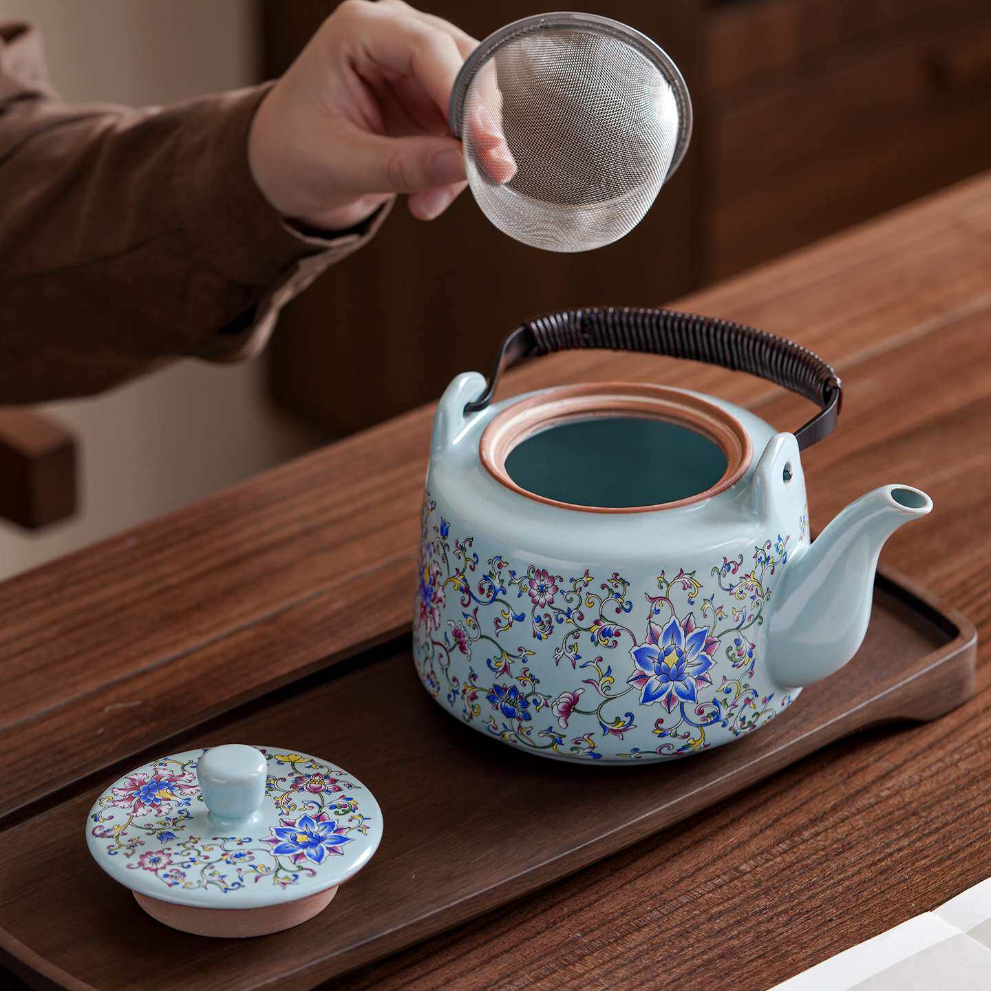 陶瓷茶具套装1升耐高温水壶泡茶壶七件套缠枝莲花草茶具中式家用