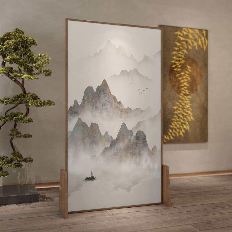 新中式屏风隔断客厅入户玄关卧室遮挡家用水墨山水画办公室实木