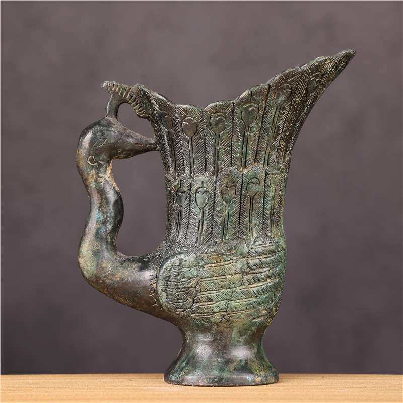 古青铜摆件青铜双凤杯酒樽吉祥鸟尊花瓶古玩装饰工艺品装饰摆件