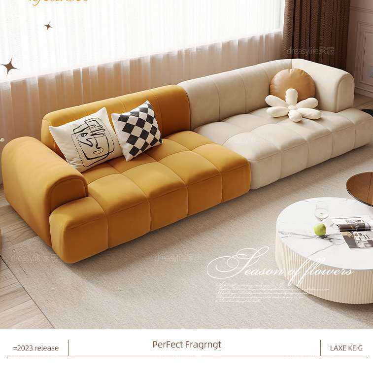 泡芙布艺沙发现代简约客厅直排小户型钢琴键豆腐块奶油猫抓布沙发