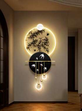 中古风玄关装饰画花鸟复古客厅走廊过道尽头壁画立体led发光灯画