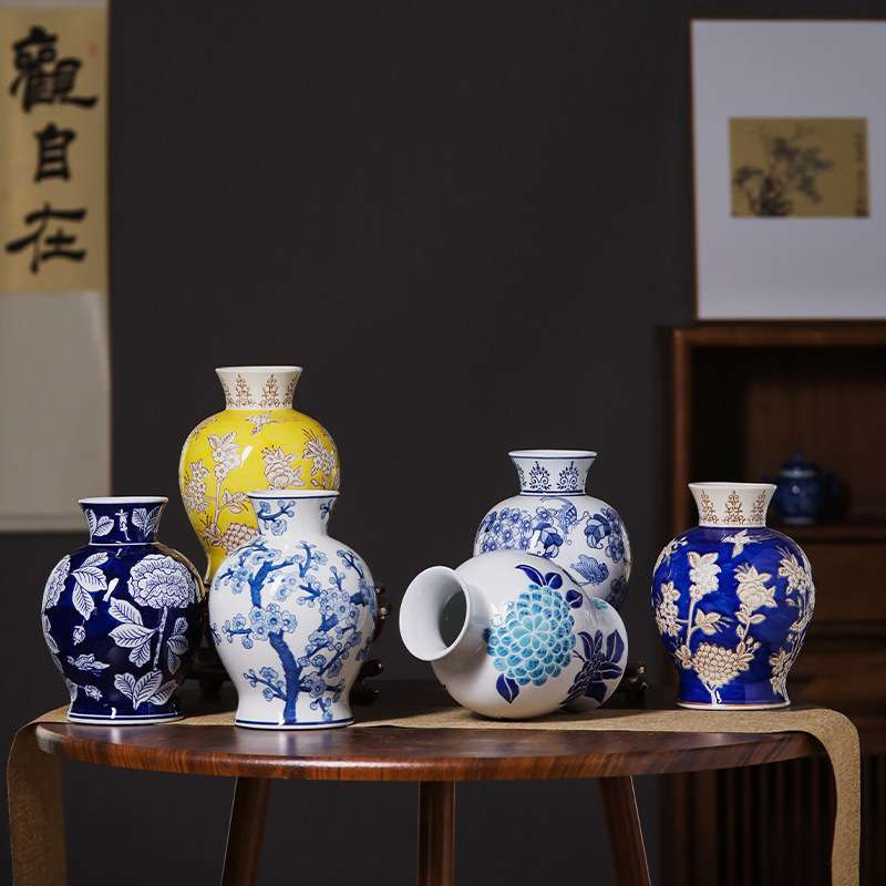 新中式青花瓷花瓶帝王黄花瓶玄关博古架水培插花瓷器轻奢陶瓷摆件图片