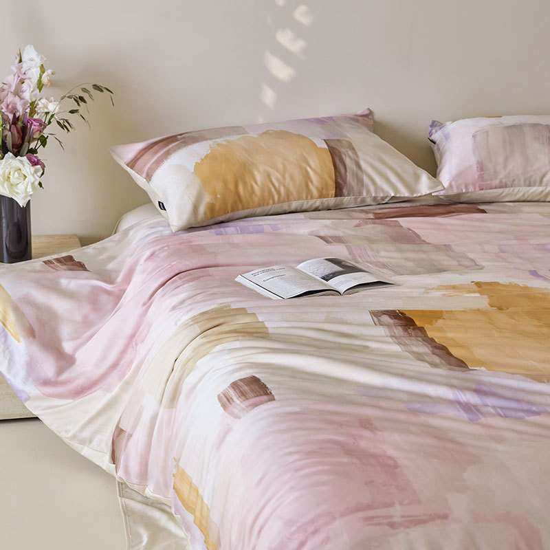 60支A类天丝数码印四件套夏季丝滑蓝粉被套纯色床单透气清凉床品