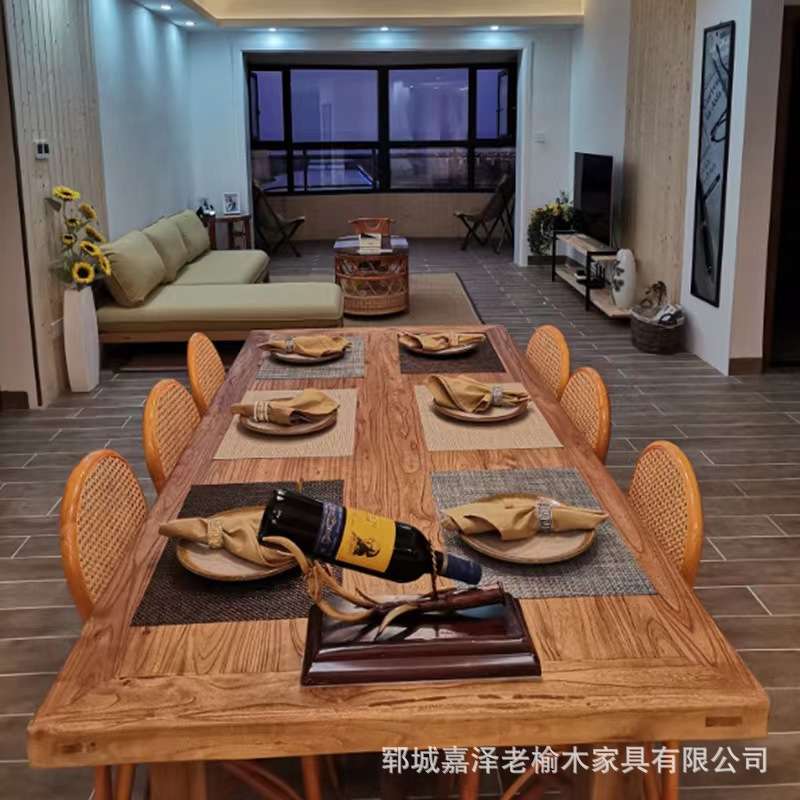 老榆木家用大型餐桌椅家具风化实木板长方形茶台待客茶桌吃饭桌子