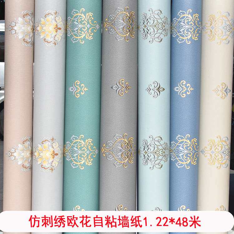 自粘墙纸仿刺绣欧花翻新墙贴墙纸防潮防水卧室客厅装修花卉自贴膜