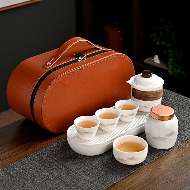 白瓷羊脂玉旅行茶具套装一壶四杯户外便携泡茶快客杯带盘茶罐茶壶