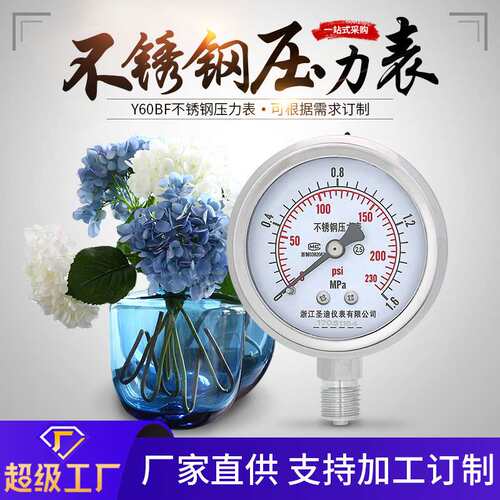 Y60BF 耐酸碱腐蚀耐高温油压水压液压2分3分M14*1.5不锈钢压力表
