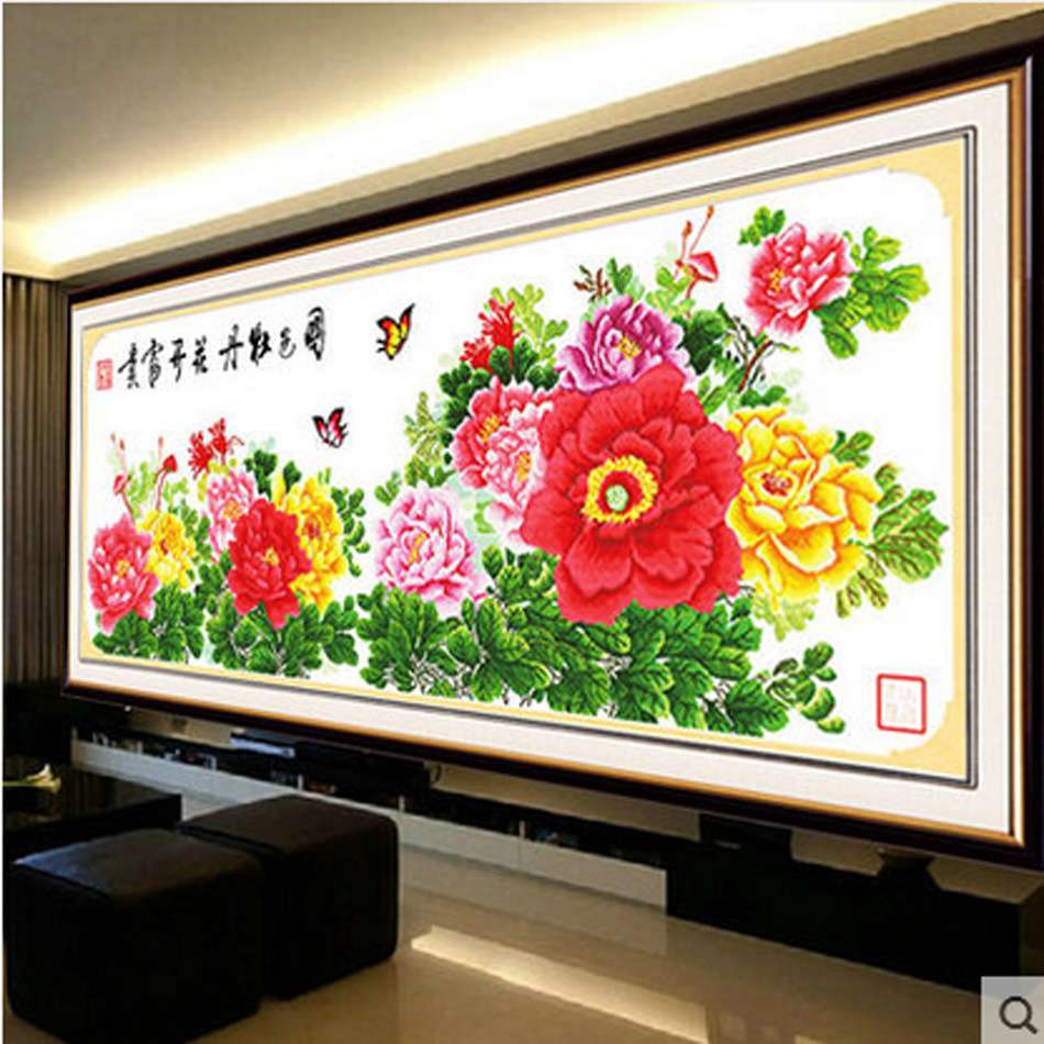 工厂一件代发十字绣 新款国色牡丹花开富贵十字绣精准印花风景图