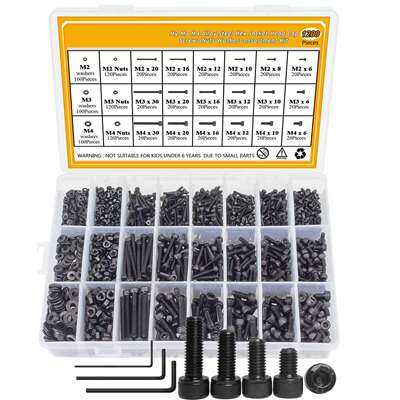 跨境1200pcs黑色圆柱头内六角螺丝套装 杯头螺钉螺母平垫螺丝盒装