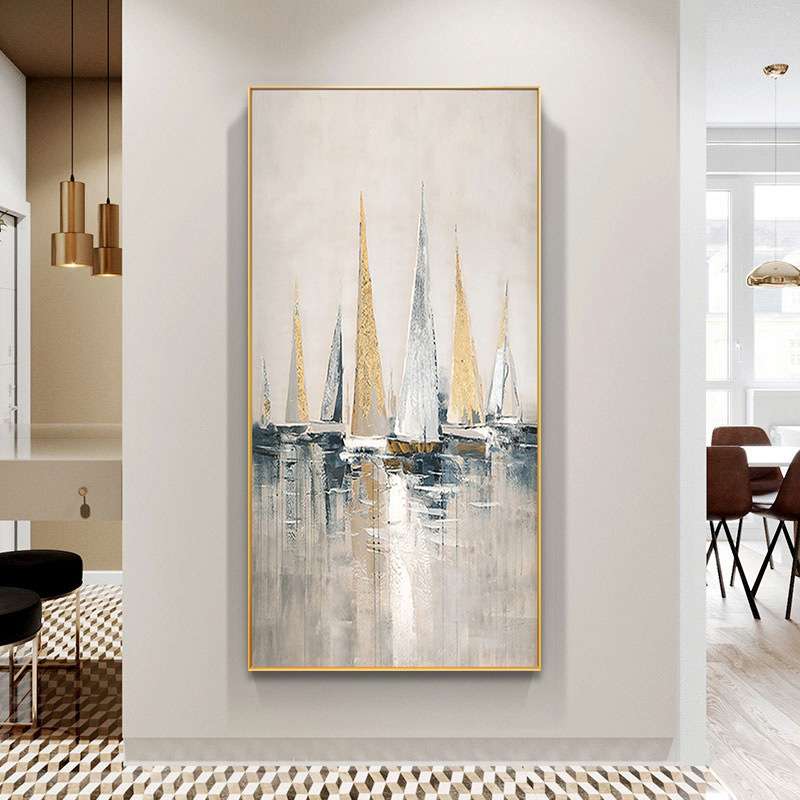 手绘油画抽象金箔帆船玄关装饰画现代轻奢走廊过道一帆风顺挂画