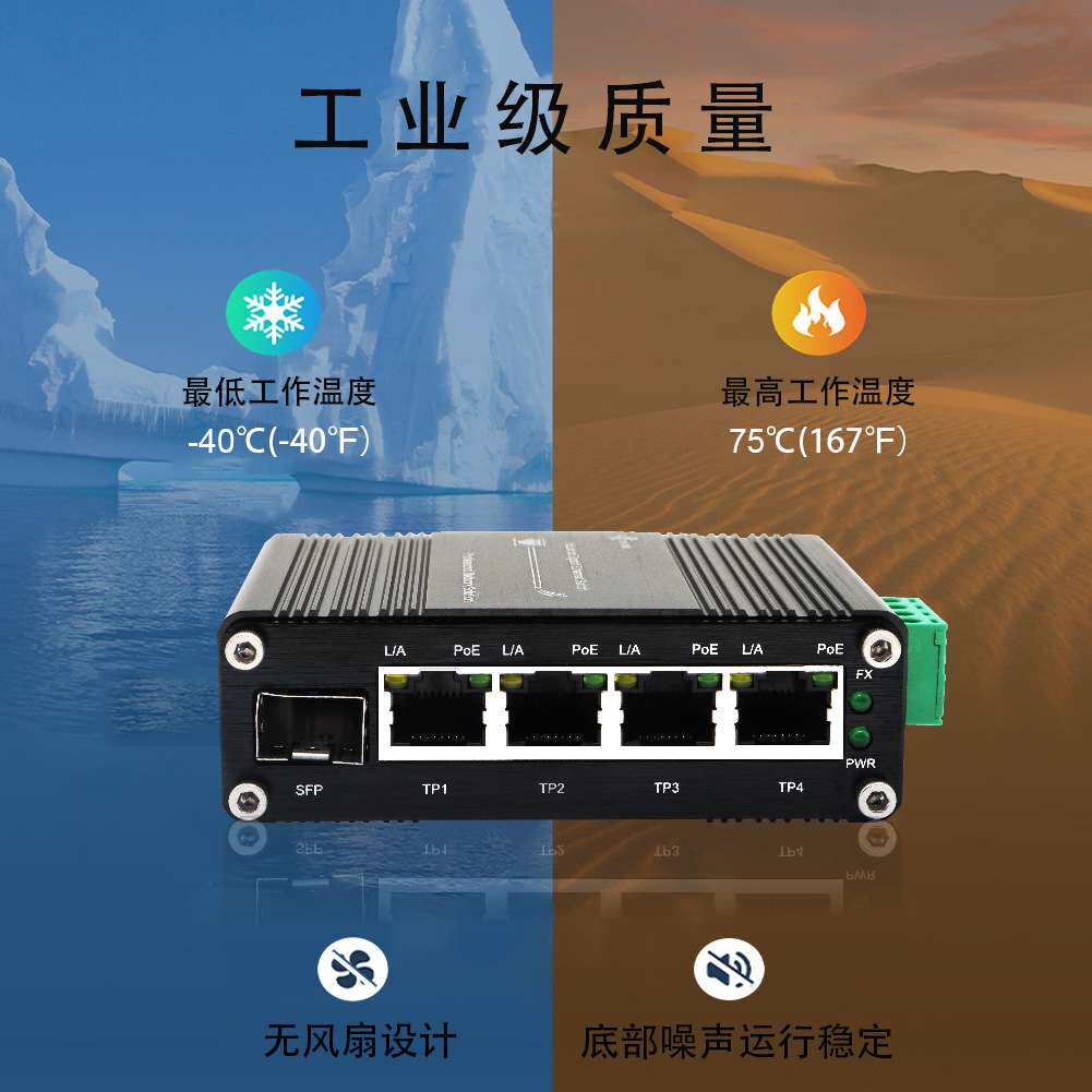 百千兆SFP口1光4电交换机POE供电可选交换机收发器监控导轨式防雷