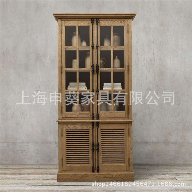 美式新款实木酒柜 玻璃门书柜 橡木仿古书橱储物柜展示柜书房家具