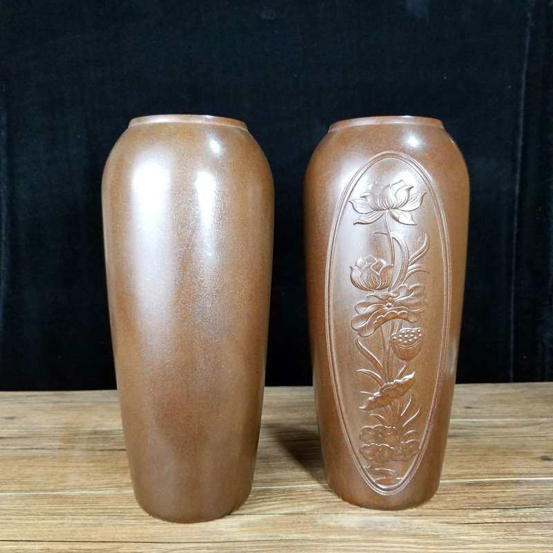 铜花瓶荷花莲藕古铜插花瓶家用办公古玩收藏装饰工艺品摆件