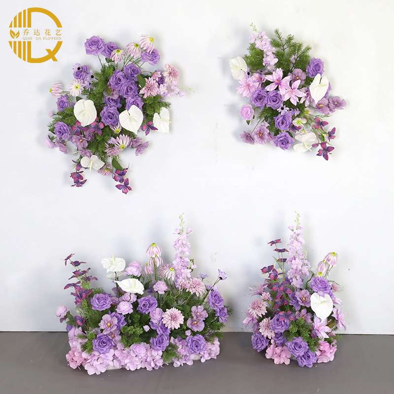 婚礼装饰紫色壁挂花艺 KT板墙面摄影背景布置仿真绢花挂花地排花