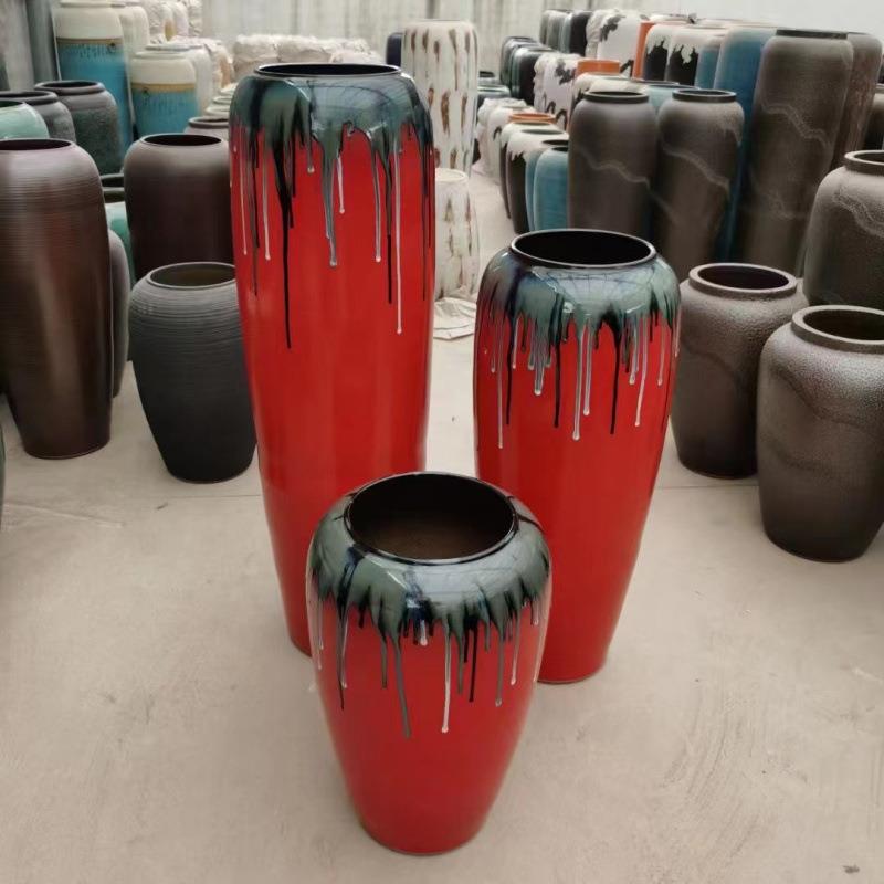 红色陶瓷落地大号花瓶酒店样板房别墅餐厅摆件软装陶罐插花器坛子