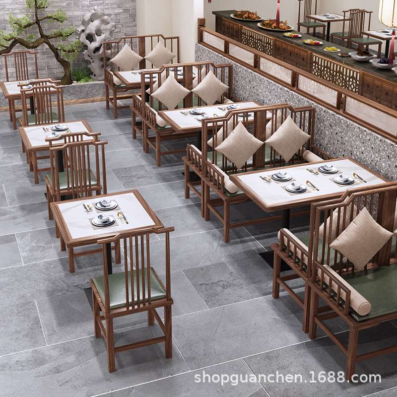 新中式卡座沙发餐厅大圆形湘菜馆早茶楼火锅烧烤店实木岩板餐桌椅