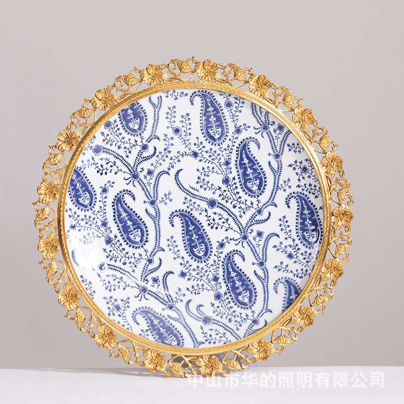 欧式青花蝴蝶挂盘纯铜花边居家客厅墙壁样板房摆件饰品工艺品