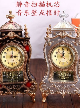 欧式台钟仿古座钟客厅装饰钟动态静音扫秒钟表16首音乐报时F015