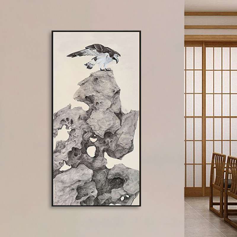 石墨 新中式进门入户玄关装饰画竖版石头挂画琵琶乐器花鸟装饰画