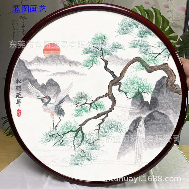 半透明纱布画单双面刺绣夜光苏绣屏风玄关工艺品装饰画心松鹤延年