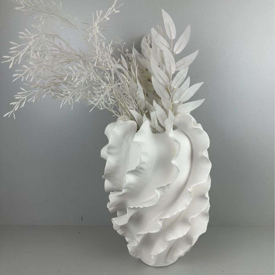 简约现代艺术白色砖色千层花器摆件样板间客厅玄关波浪纹花瓶装饰