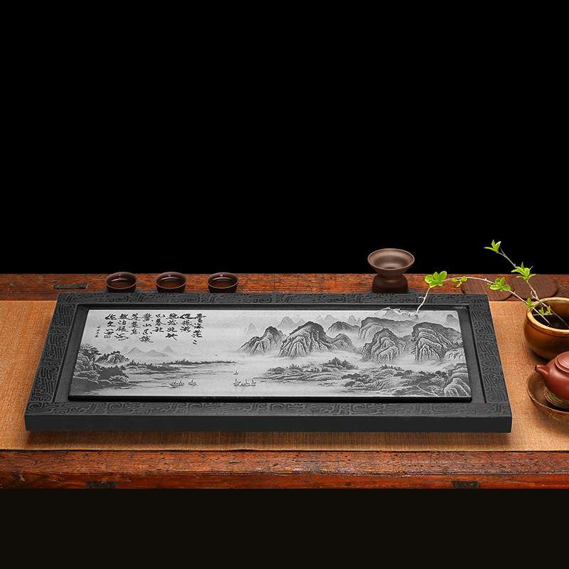 乌金石排水茶盘整块石材长方形茶台家用客厅大号排水影雕茶具茶海