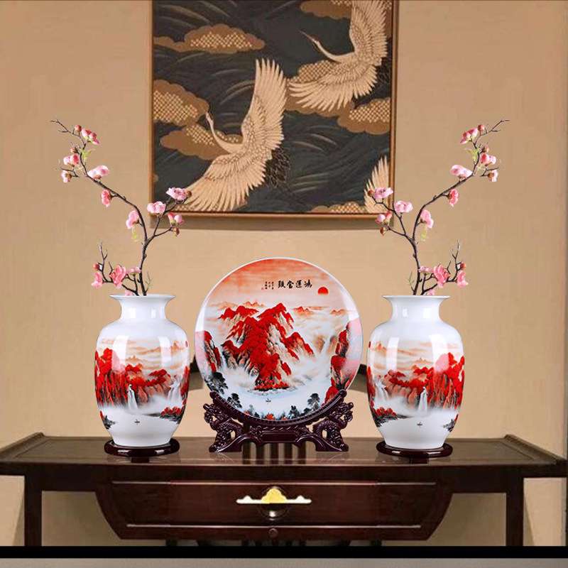 景德镇陶瓷器花瓶装饰品三件套中式家居工艺品客厅酒柜博古架摆件