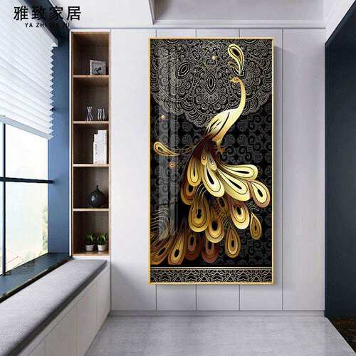 新中式入户轻奢画竖版玄关装饰画过道走廊玄幻画挂画壁画吉祥孔雀