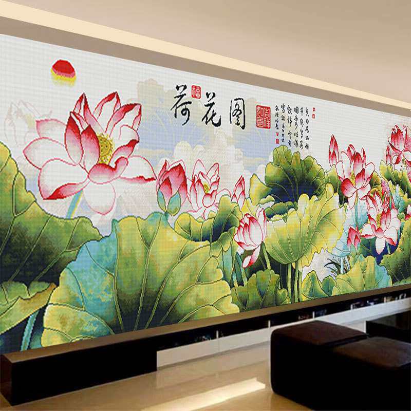 荷花园十字绣2024新款现代中式线绣客厅山水画风景中国自己绣满绣