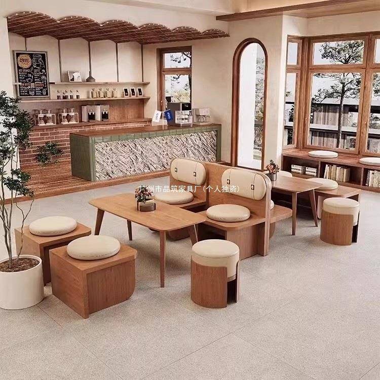 卡座沙发奶茶店桌椅组合咖啡厅餐桌商用酒吧餐饮茶楼靠墙实木座椅