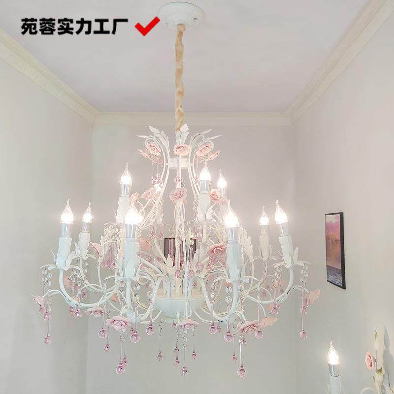 欧式轻奢水晶玫瑰吊灯法式店铺卧室灯具铁艺儿童房装饰灯田园灯饰