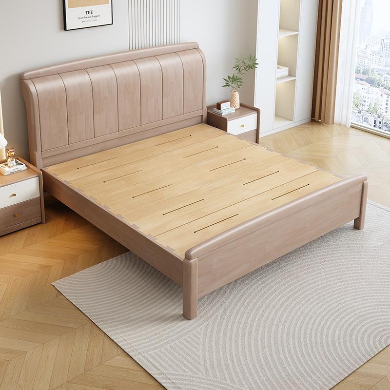 新款现代简约全实木床榫卯杏色双人床满铺主卧北欧轻奢婚床储物