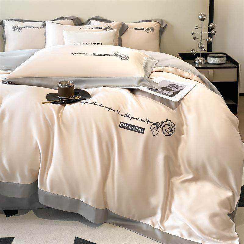 夏季轻奢冰丝床品四件套简约刺绣水洗冰丝丝滑裸睡床单被套三件套,床上用品,床品套件/四件套/多件套,淘宝优惠券,粉丝福利购,淘宝优惠卷