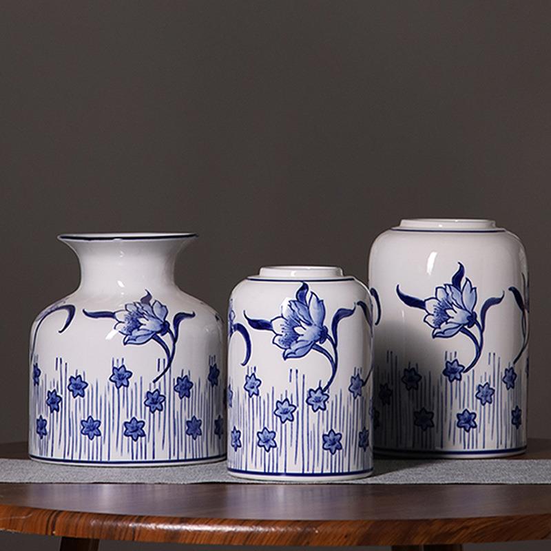 新中式青花瓷花瓶绿植干花插花大口径陶瓷花器客厅玄关装饰品摆件