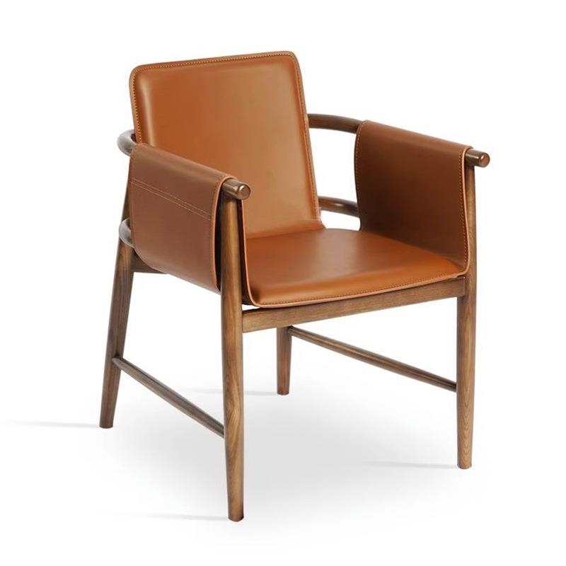 马鞍皮白蜡木实木餐椅高档咖啡厅洽谈区休闲椅现代简约设计师样板