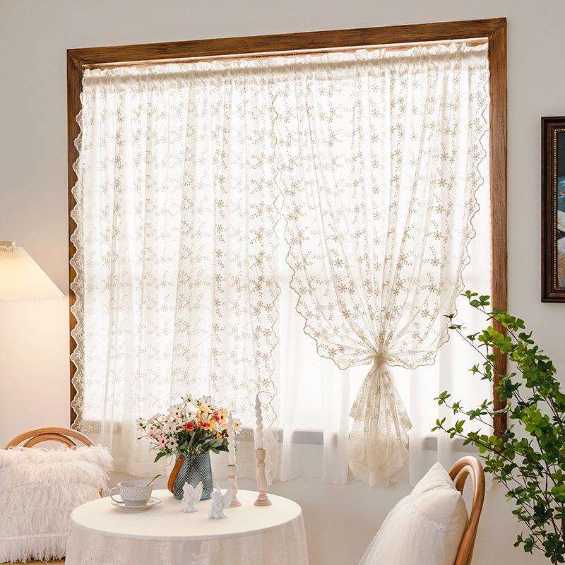 奶油色蕾丝纱帘法式田园风窗帘小窗户半帘短帘门帘隔断免打孔安装
