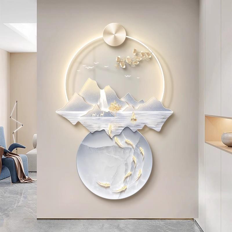 现代轻奢玄关装饰画山水入户门正对墙挂画走廊过道寓意好壁画带灯