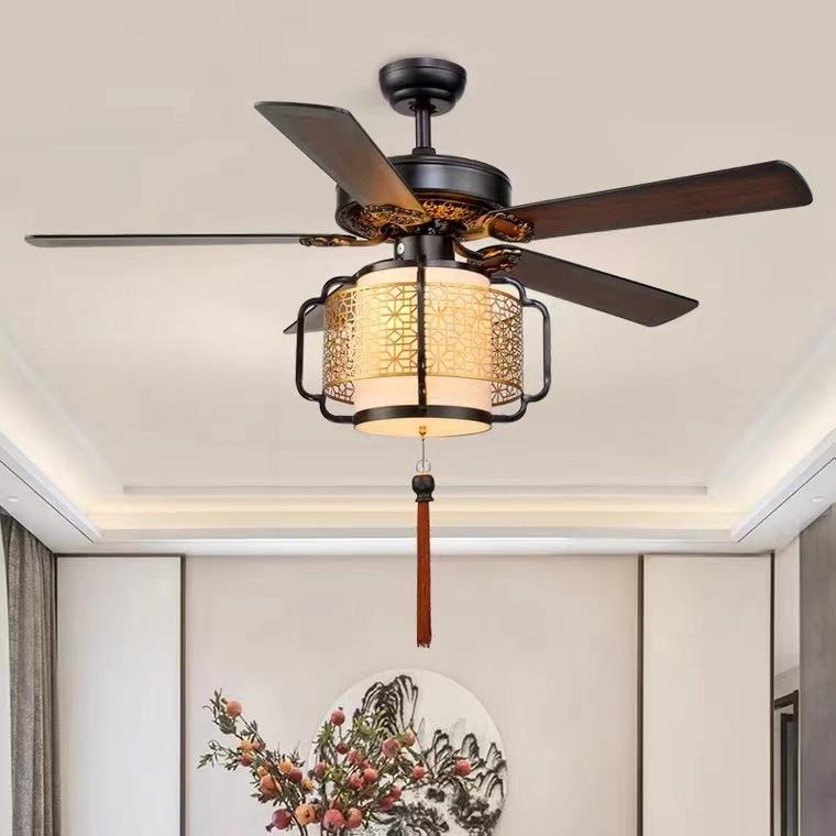 新中式风扇灯客厅餐厅卧室吊扇灯中国风复古木叶静音灯扇一体灯具