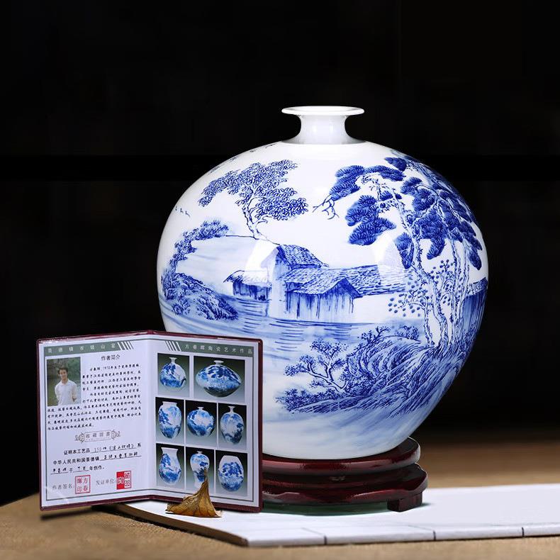 景德镇师傅手绘青花溪山秋晴花瓶 陶瓷器摆件小号青花瓷瓶子 爆款