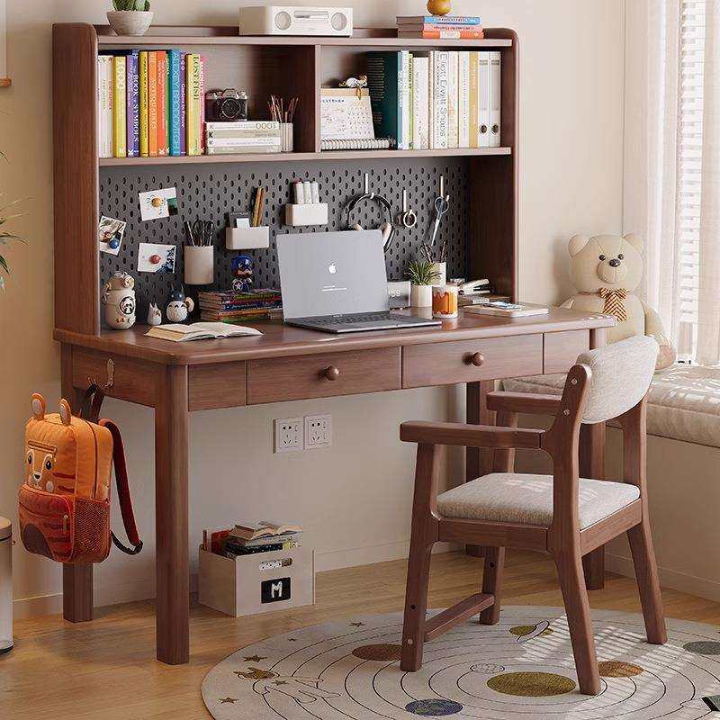 实木书桌书架一体带洞洞板置物架儿童学习桌家用办公桌学生电脑桌