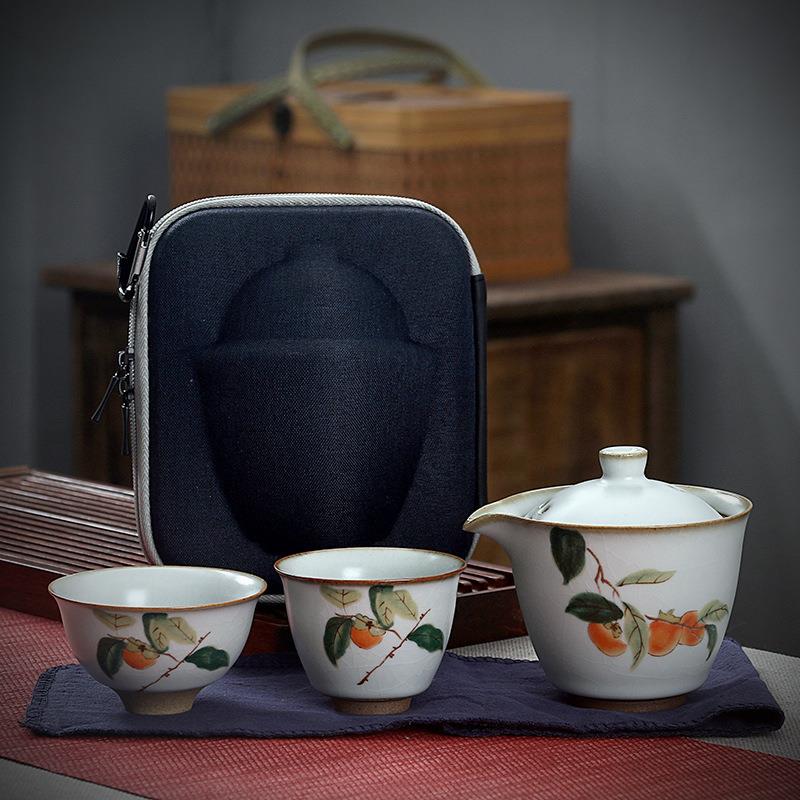 旅行茶具套装 陶瓷汝窑快客杯便携车载户外一壶两杯办公收纳茶具