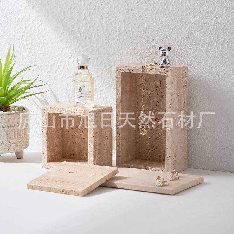天然洞石收纳盒大理石置物盒化妆棉签杂物整理盒梳妆台首饰精品盒