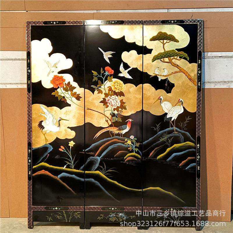 金箔彩云仙鹤手绘屏风中式客厅移动折屏办公室会议室酒店高端屏风