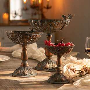 跨境仿古铜玄关装饰摆件铁艺高脚水果托盘美式复古民宿装饰品摆件