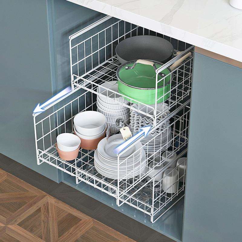 拉篮厨房橱柜碗篮碗盘抽屉式铁艺三双层碗碟抽屉抽拉改造内置篮子